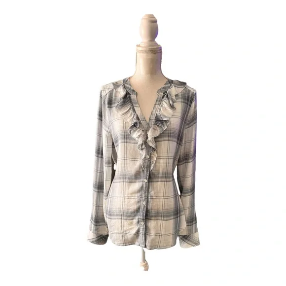 Paige Plaid Shirt Button Up Distressed Ruffle Collar Festival Semi Sheer Size M - Picture 1 of 9